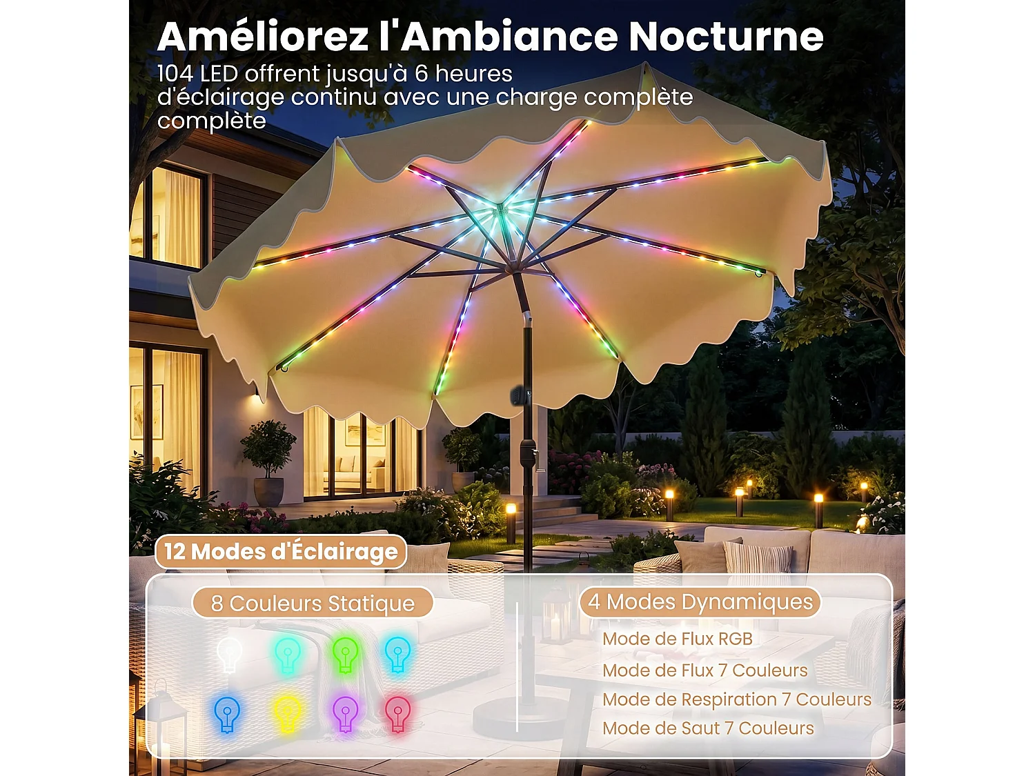 Parasol jardin 2,7m solaire LED multicolores, 8 baleines, manivelle, beige