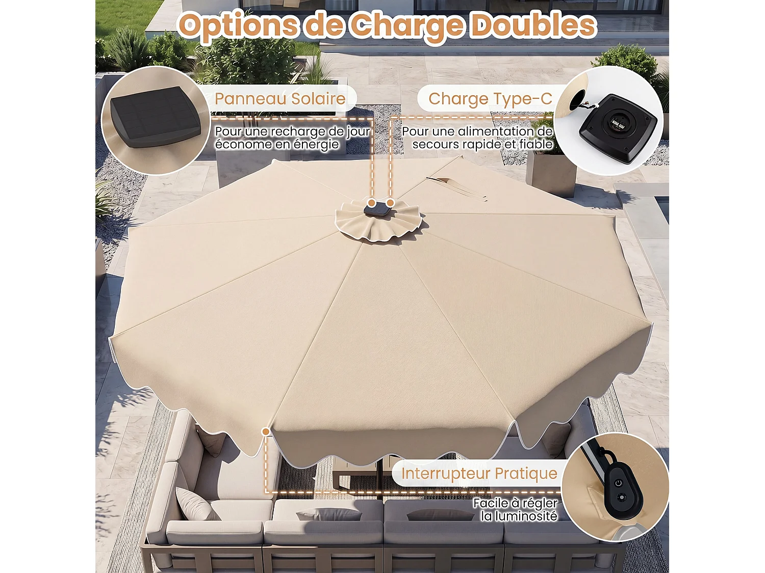 Parasol jardin 2,7m solaire LED multicolores, 8 baleines, manivelle, beige