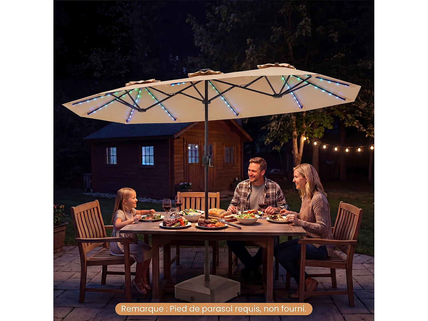 Parasol Double 400x210CM Rectangulaire, LED, Manivelle, Mât Métal, 12 Baleines, Beige