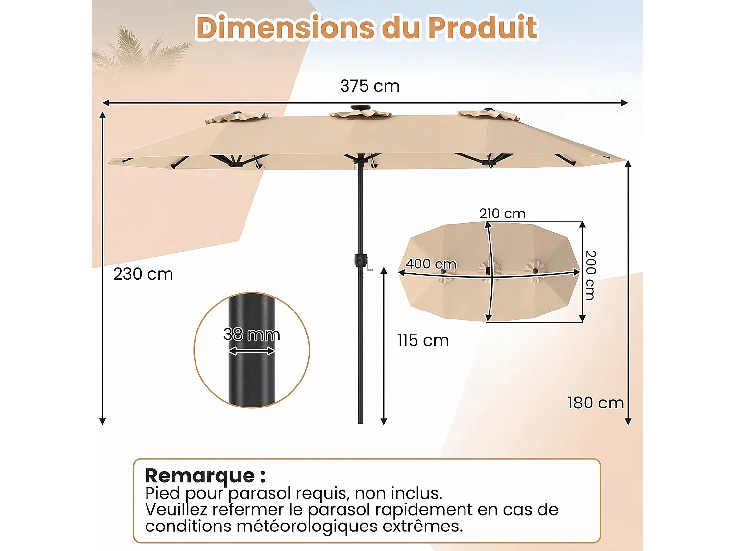 Parasol Double 400x210CM Rectangulaire, LED, Manivelle, Mât Métal, 12 Baleines, Beige
