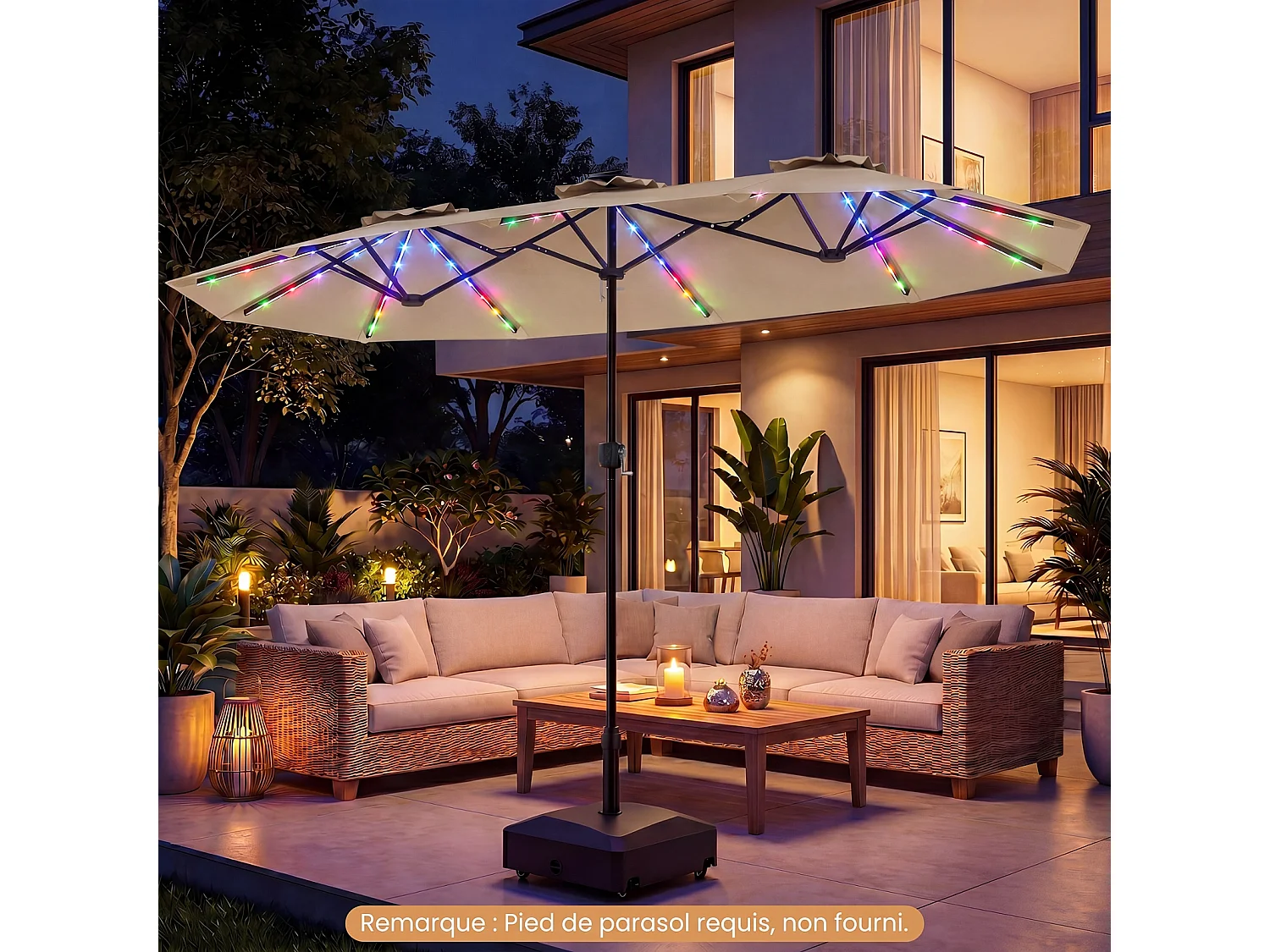 Parasol Double 400x210CM Rectangulaire, LED, Manivelle, Mât Métal, 12 Baleines, Beige