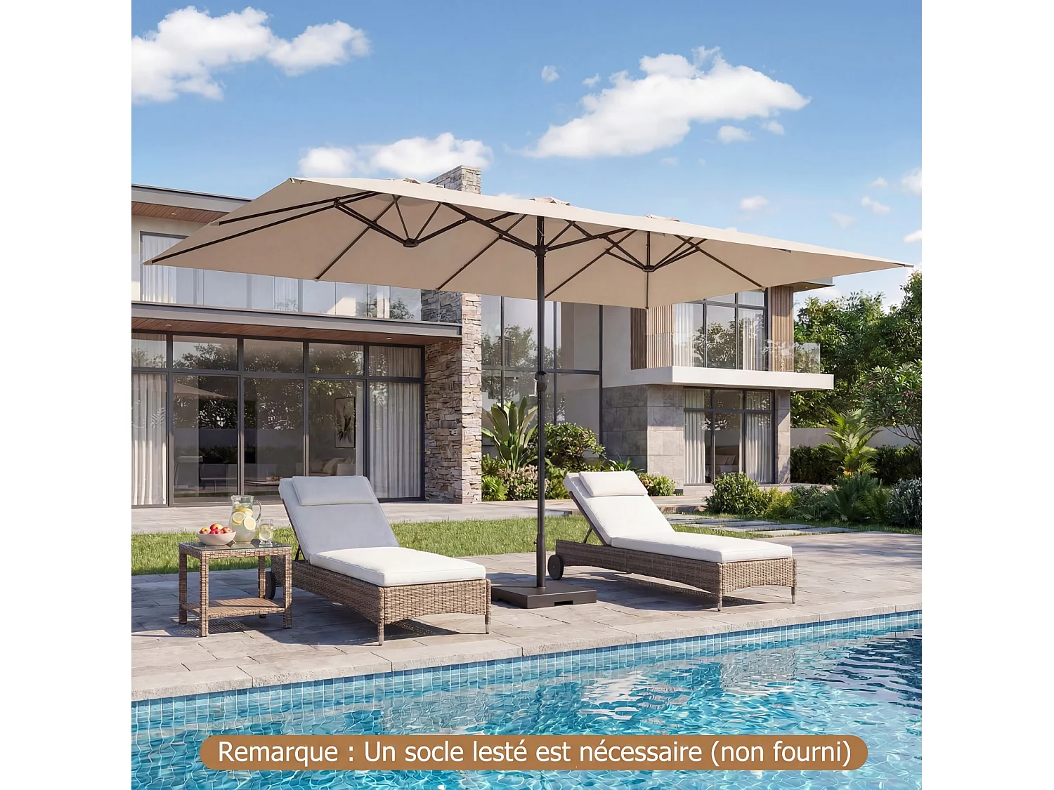 Parasol Double 430x276CM Rectangulaire, Manivelle, 12 Baleines, Parasol Jardin, Marron