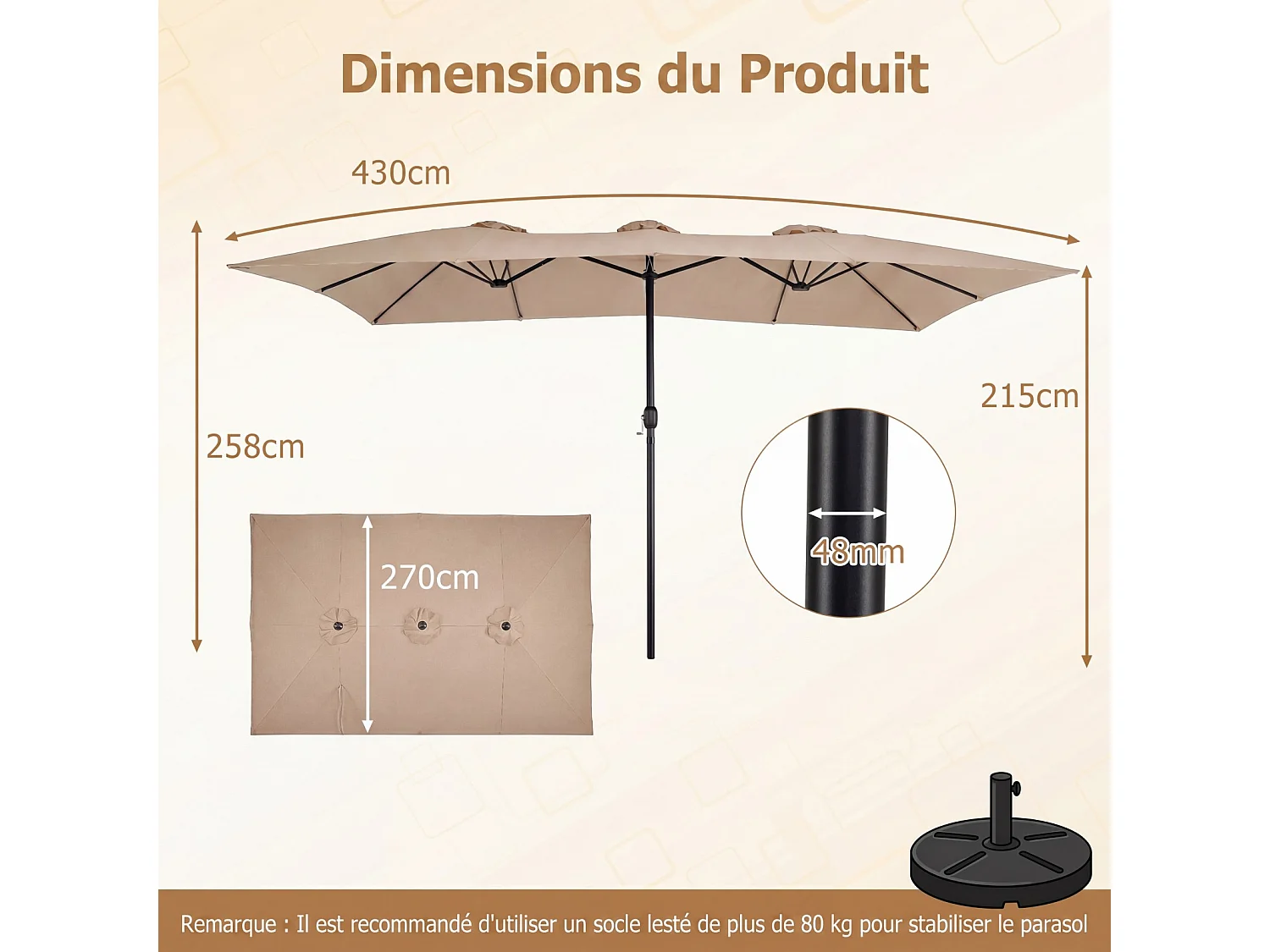 Parasol Double 430x276CM Rectangulaire, Manivelle, 12 Baleines, Parasol Jardin, Marron