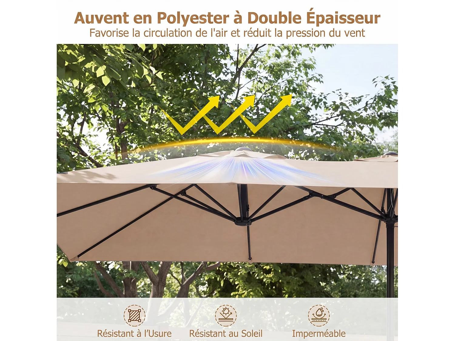 Parasol Double 430x276CM Rectangulaire, Manivelle, 12 Baleines, Parasol Jardin, Marron