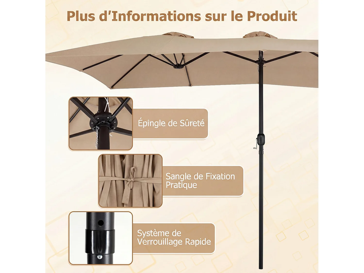 Parasol Double 430x276CM Rectangulaire, Manivelle, 12 Baleines, Parasol Jardin, Marron