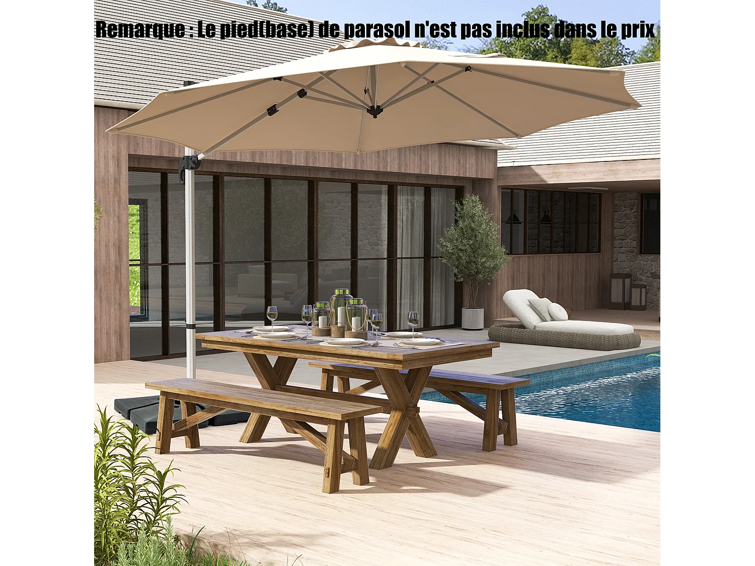 Parasol Déporté Rond Φ339cm,Base Croix,5 Angles Réglables,Manivelle,Double Toit,Beige