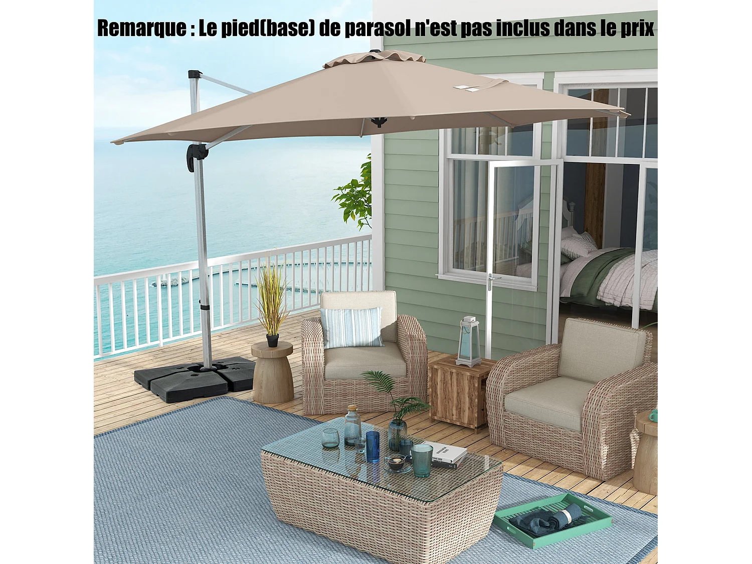 Parasol Déporté Rond Φ339cm,Base Croix,5 Angles Réglables,Manivelle,Double Toit,Beige