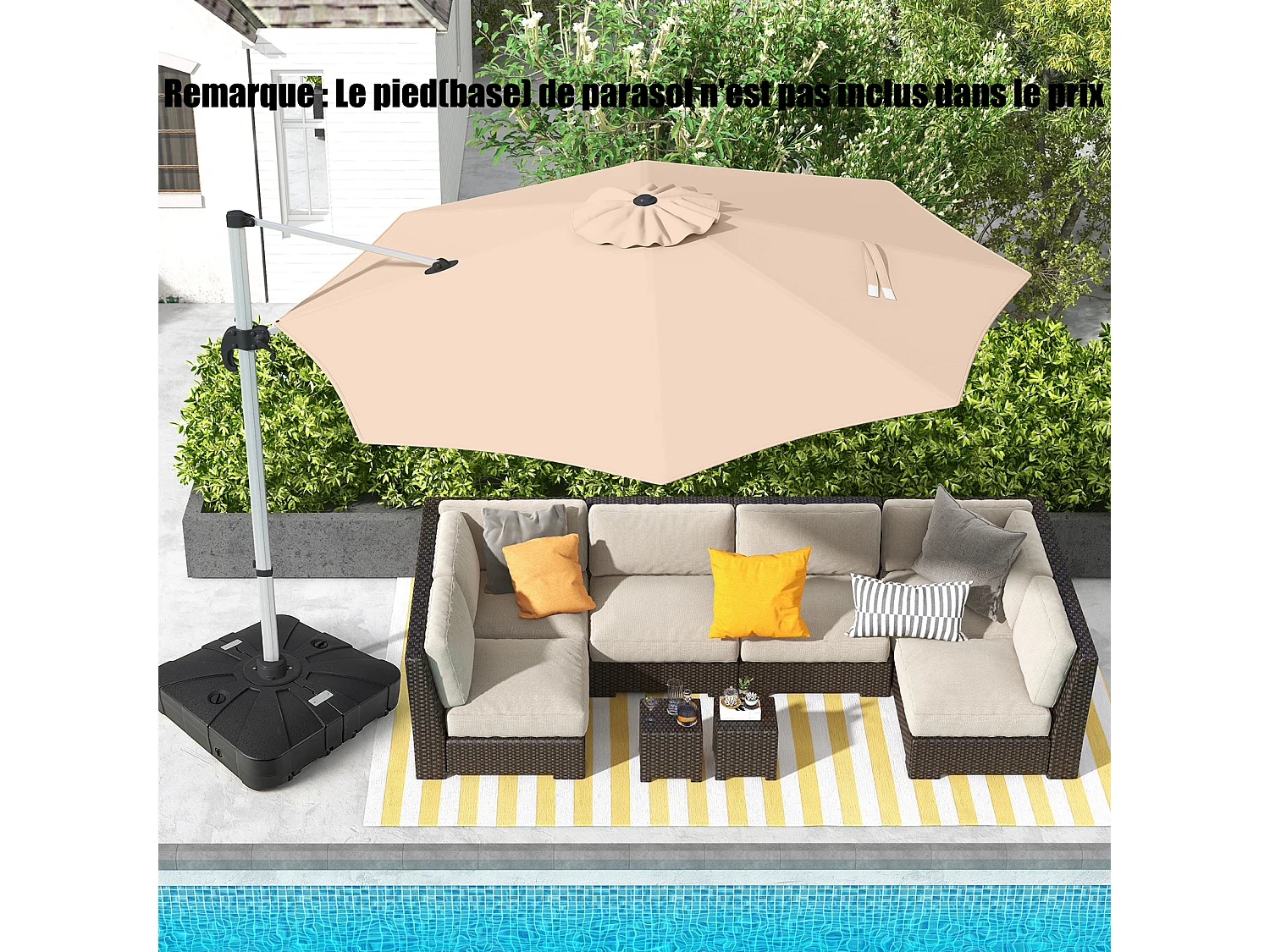 Parasol Déporté Rond Φ339cm,Base Croix,5 Angles Réglables,Manivelle,Double Toit,Beige