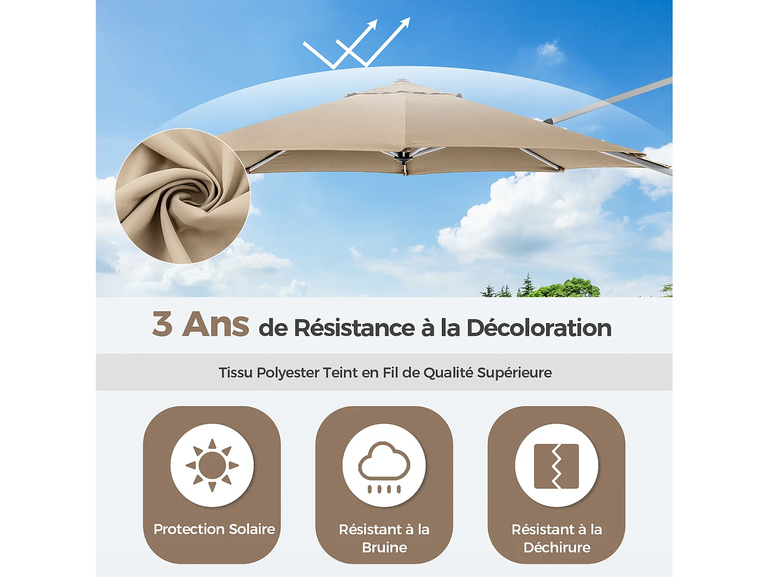 Parasol Déporté Rond Φ339cm,Base Croix,5 Angles Réglables,Manivelle,Double Toit,Beige