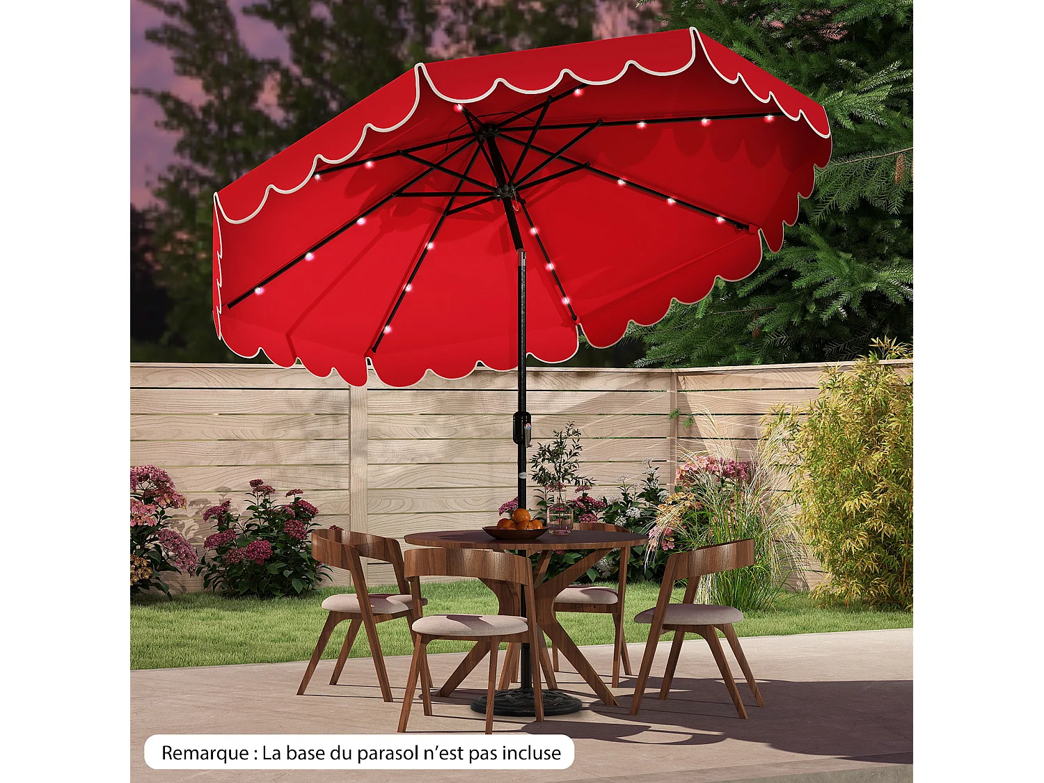 Parasol patio 3m, 24 LED, inclinable, manivelle, polyester, rouge