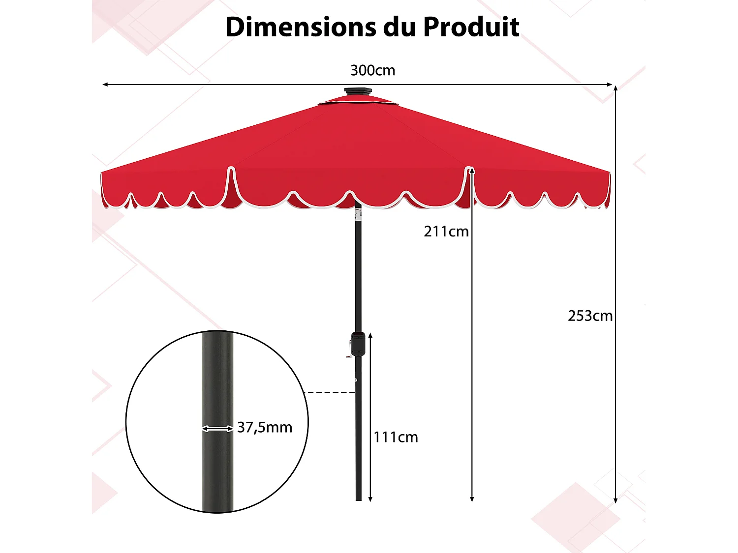 Parasol patio 3m, 24 LED, inclinable, manivelle, polyester, rouge