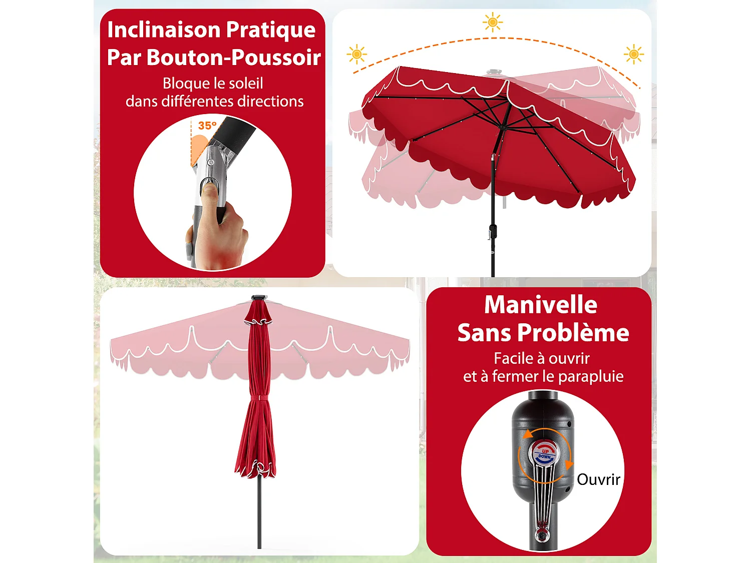 Parasol patio 3m, 24 LED, inclinable, manivelle, polyester, rouge