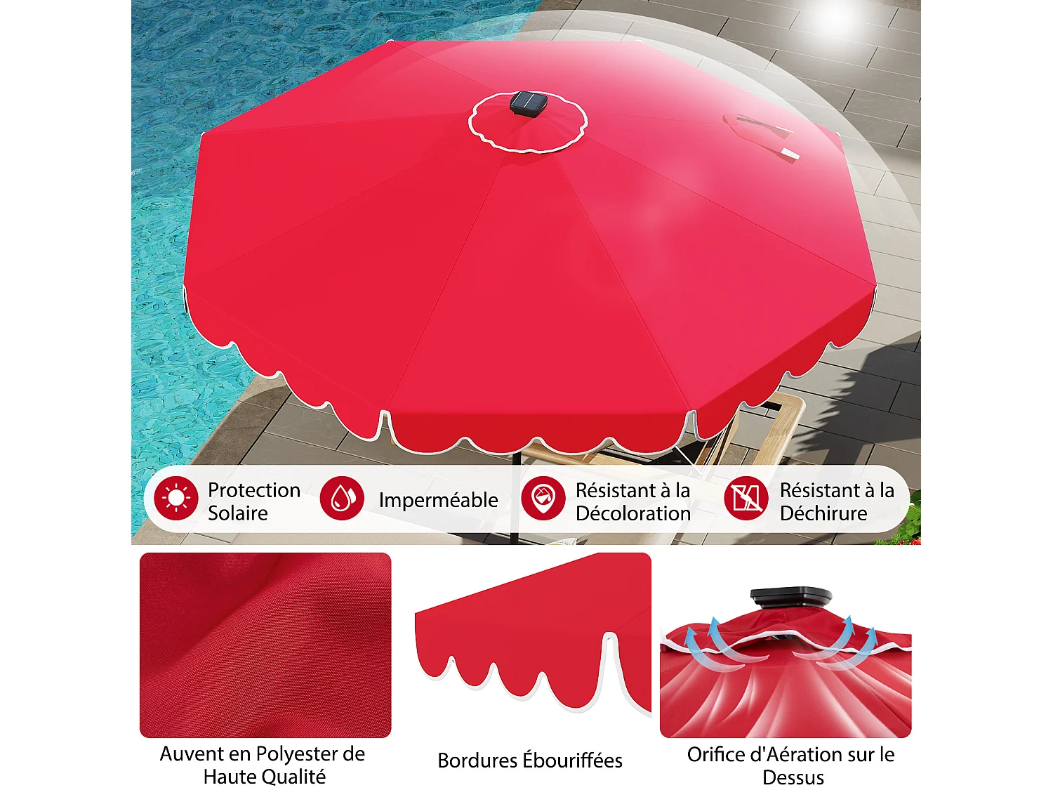 Parasol patio 3m, 24 LED, inclinable, manivelle, polyester, rouge