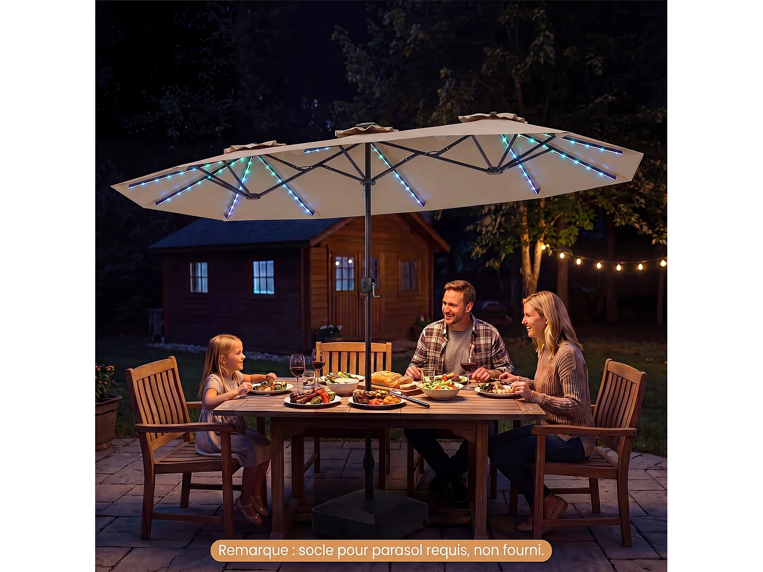 Parasol Double 400x210CM Rectangulaire, LED, Manivelle, Mât Métal, 12 Baleines, Marron