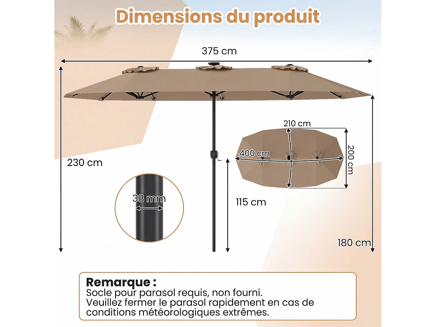 Parasol Double 400x210CM Rectangulaire, LED, Manivelle, Mât Métal, 12 Baleines, Marron