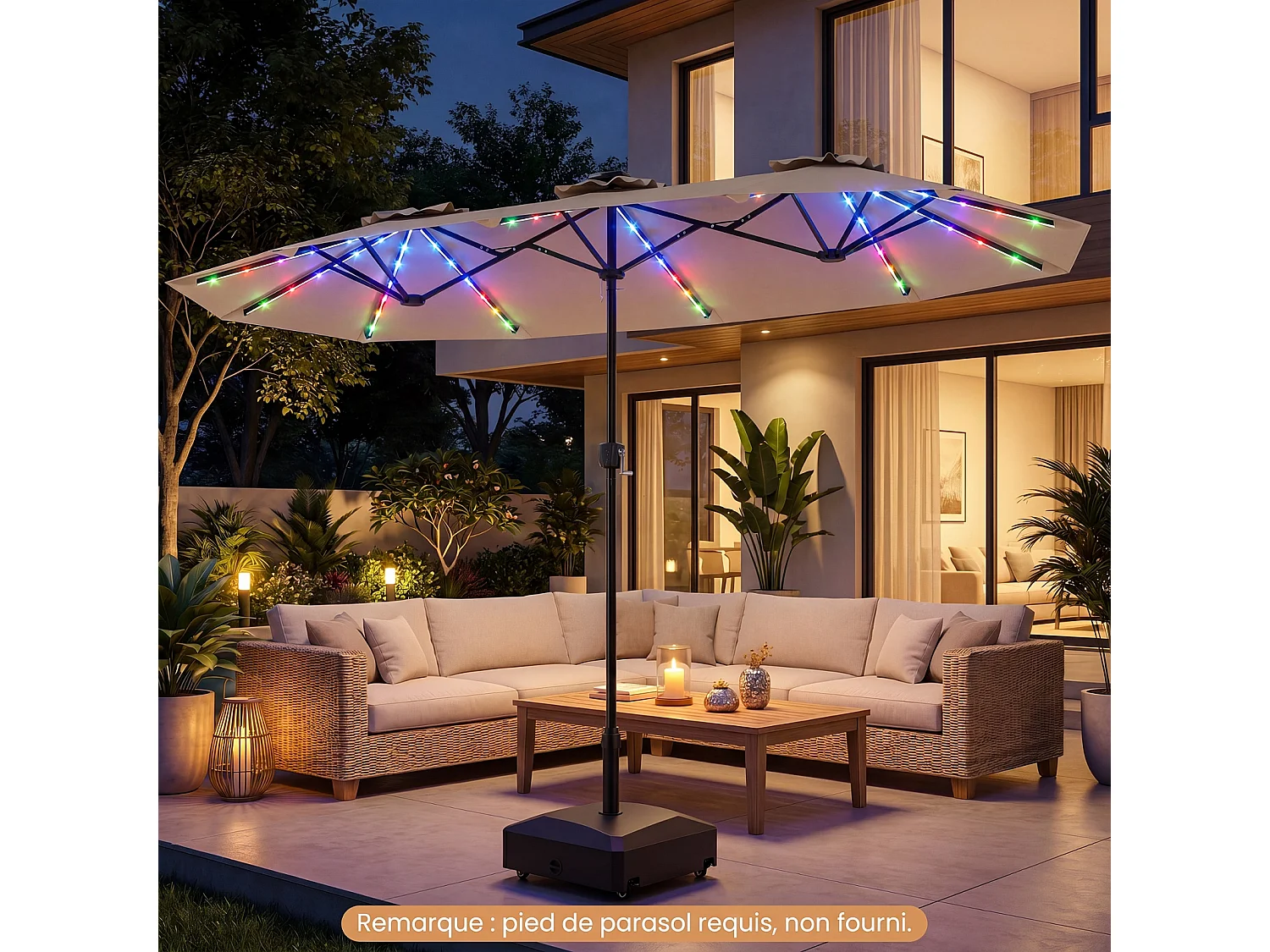 Parasol Double 400x210CM Rectangulaire, LED, Manivelle, Mât Métal, 12 Baleines, Marron