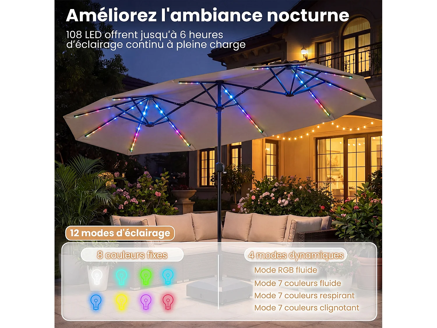 Parasol Double 400x210CM Rectangulaire, LED, Manivelle, Mât Métal, 12 Baleines, Marron