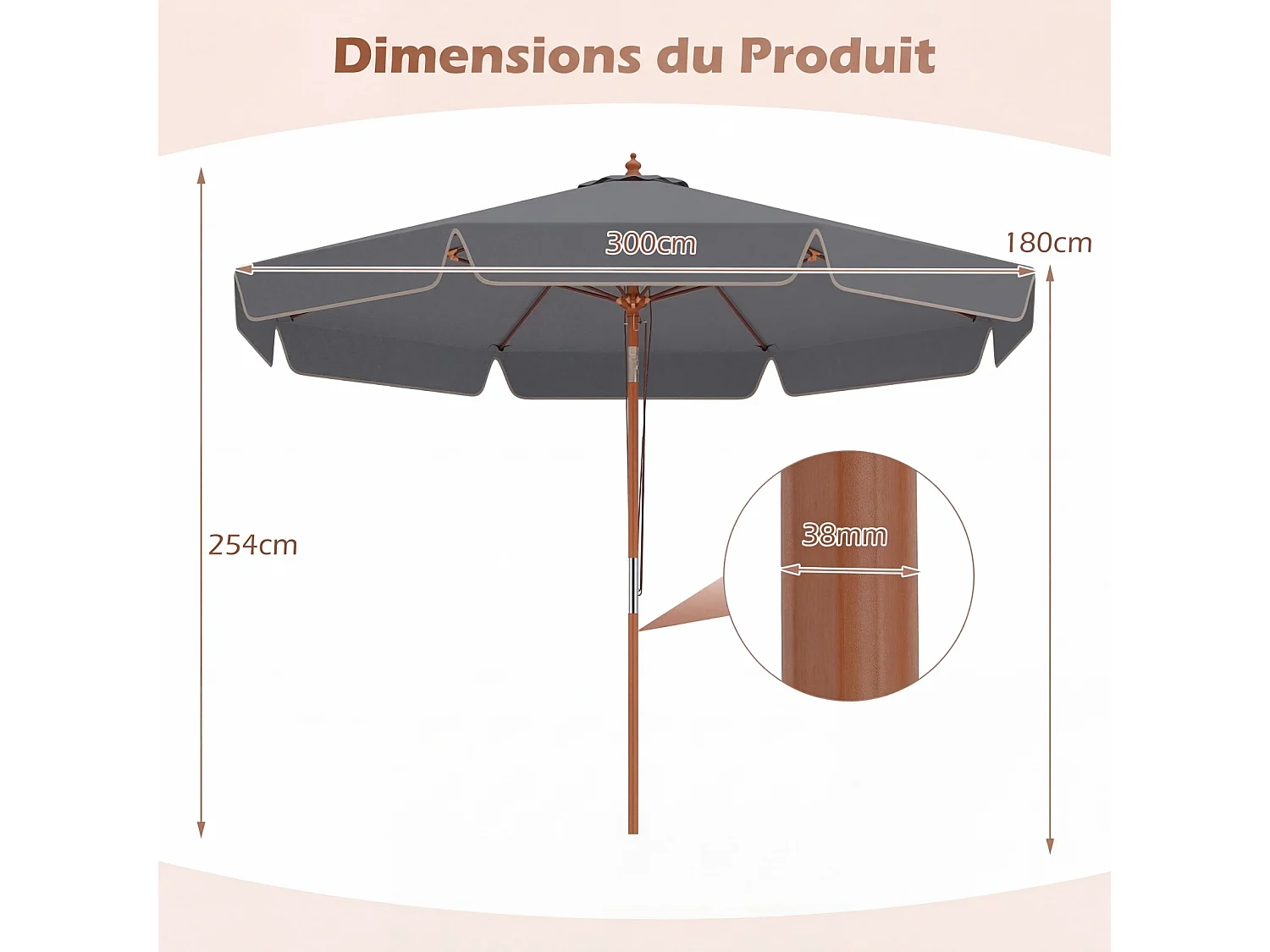 Parasol jardin 300cm à volants, inclinable 30°, poteau bois, 8 baleines, gris