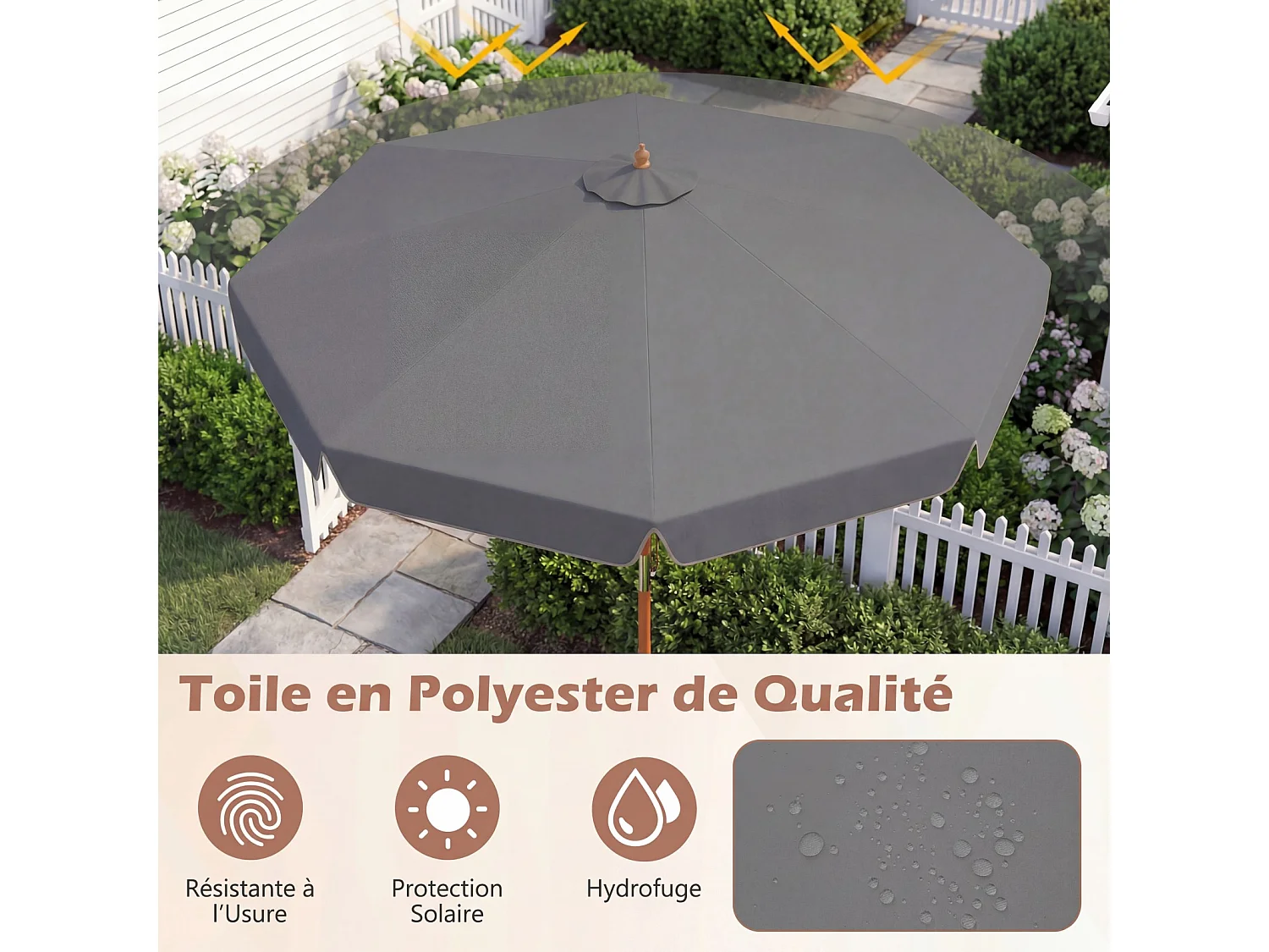 Parasol jardin 300cm à volants, inclinable 30°, poteau bois, 8 baleines, gris