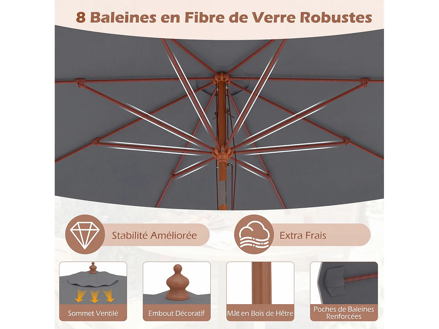 Parasol jardin 300cm à volants, inclinable 30°, poteau bois, 8 baleines, gris