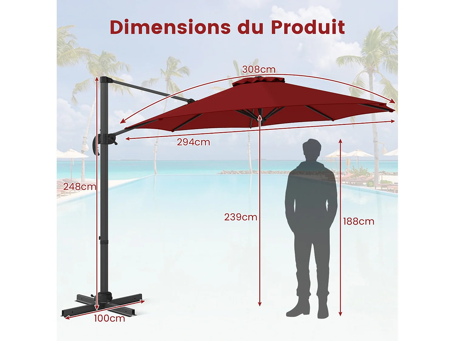 Parasol terrasse rond 294×247cm, rotation 360°, 8 baleines, manivelle, rouge