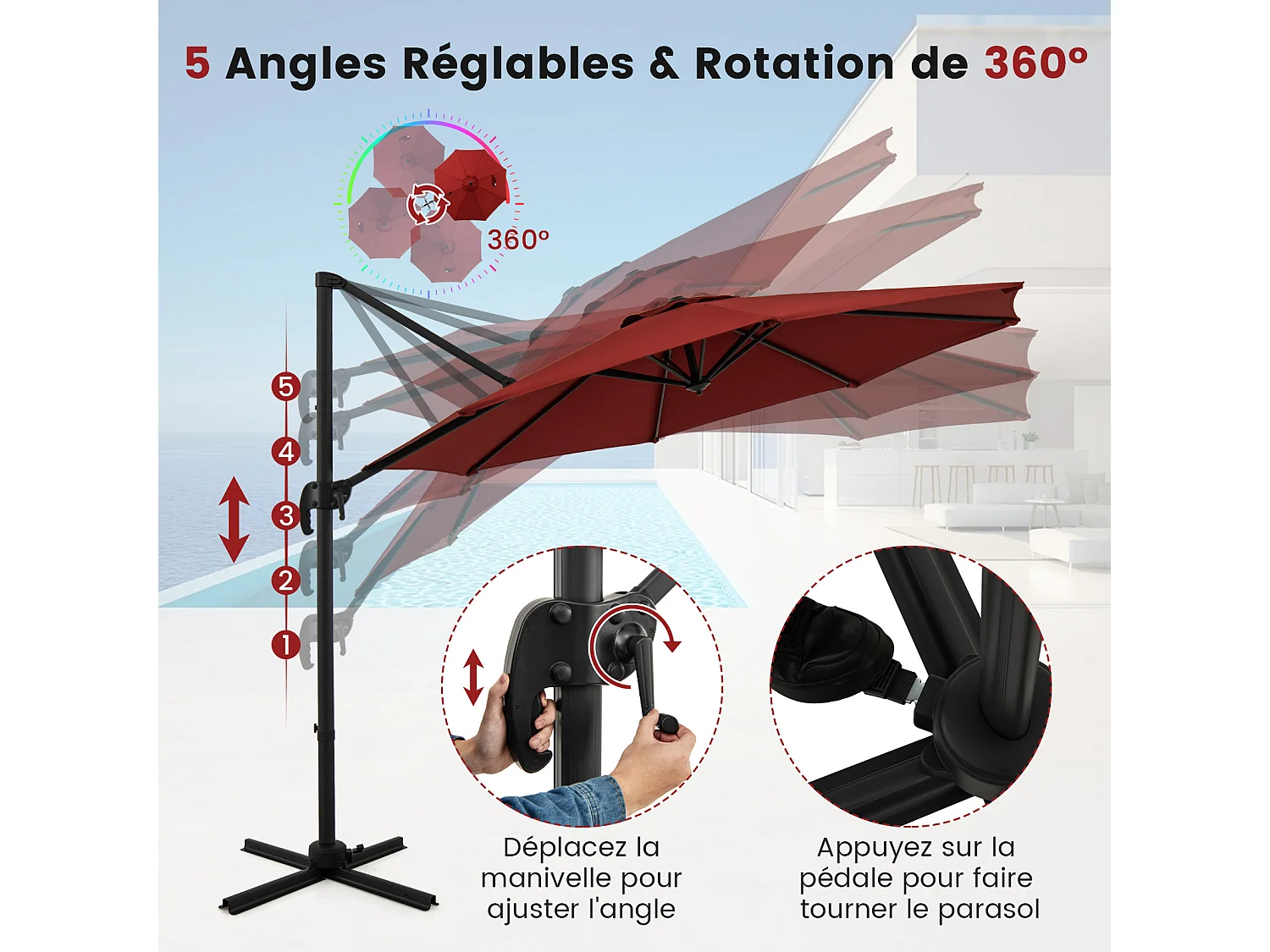 Parasol terrasse rond 294×247cm, rotation 360°, 8 baleines, manivelle, rouge