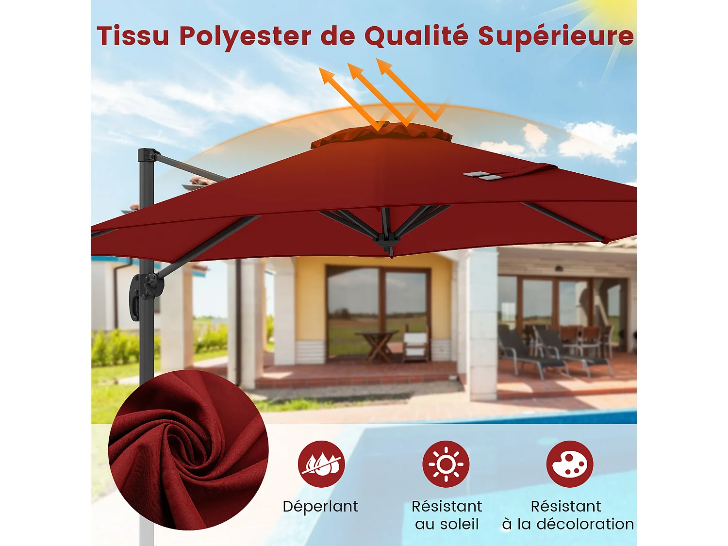 Parasol terrasse rond 294×247cm, rotation 360°, 8 baleines, manivelle, rouge