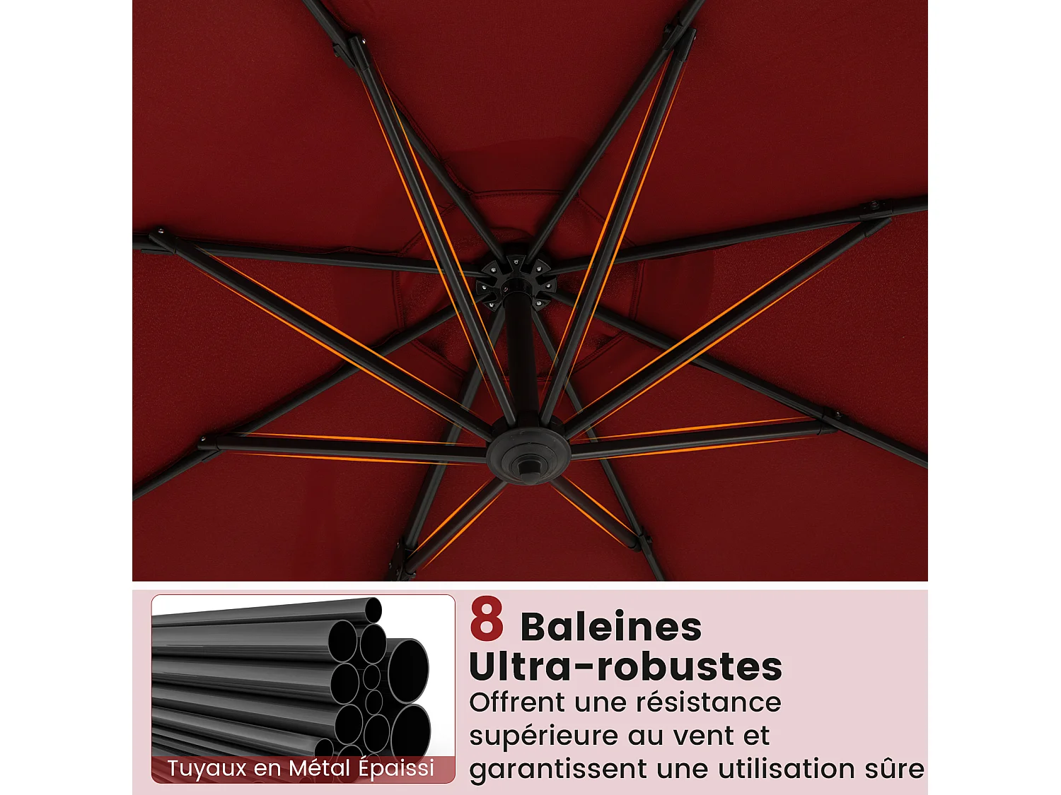 Parasol terrasse rond 294×247cm, rotation 360°, 8 baleines, manivelle, rouge