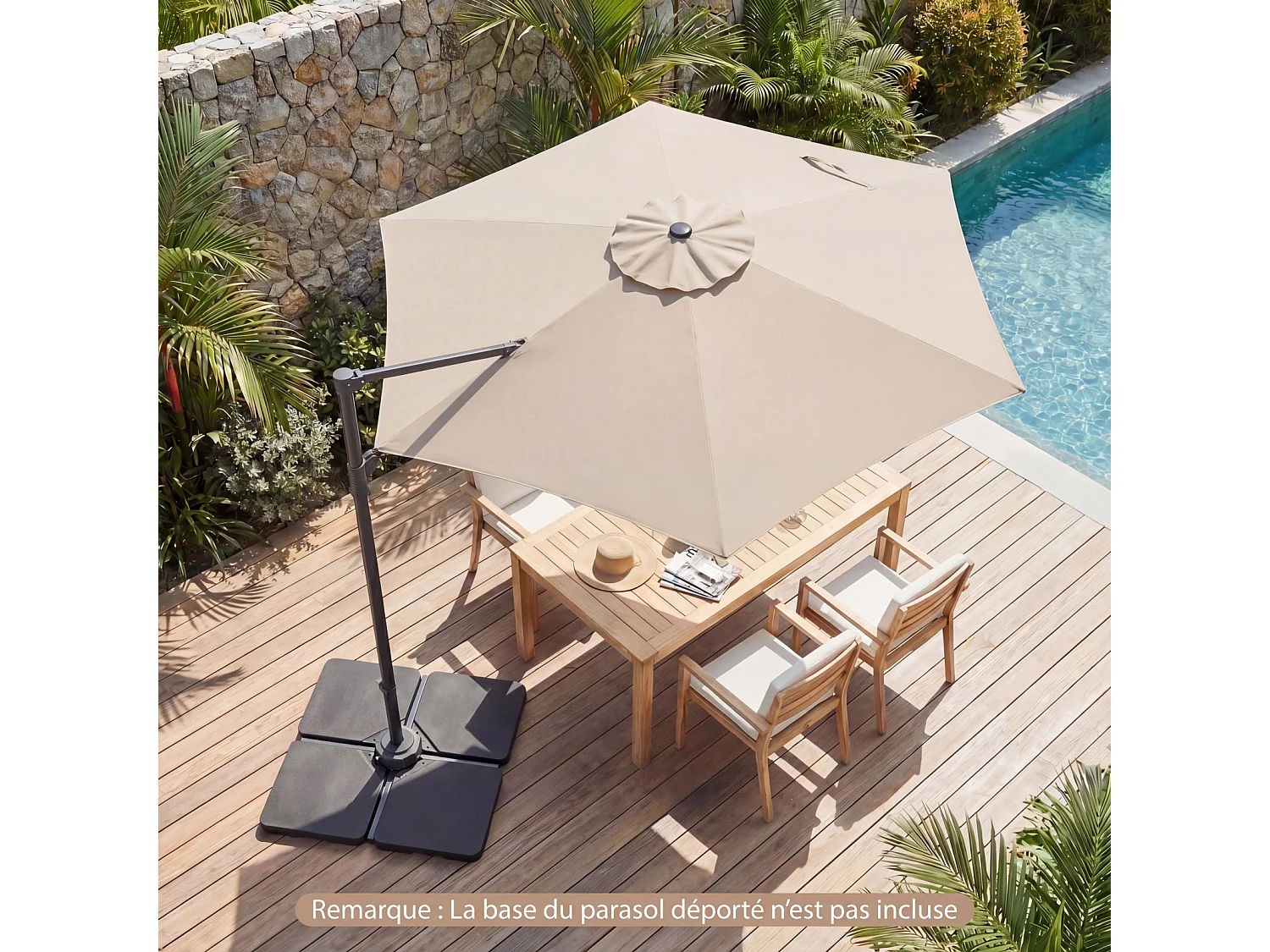 Parasol déporté hexagonal, rotation 360°, socle croisé, amovible, beige