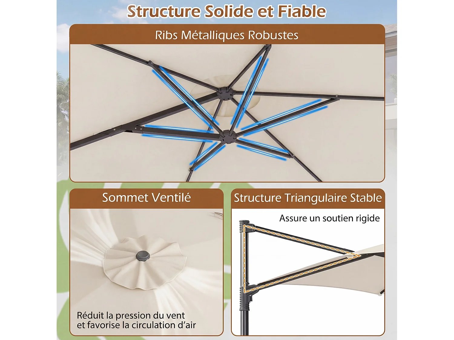 Parasol déporté hexagonal, rotation 360°, socle croisé, amovible, beige