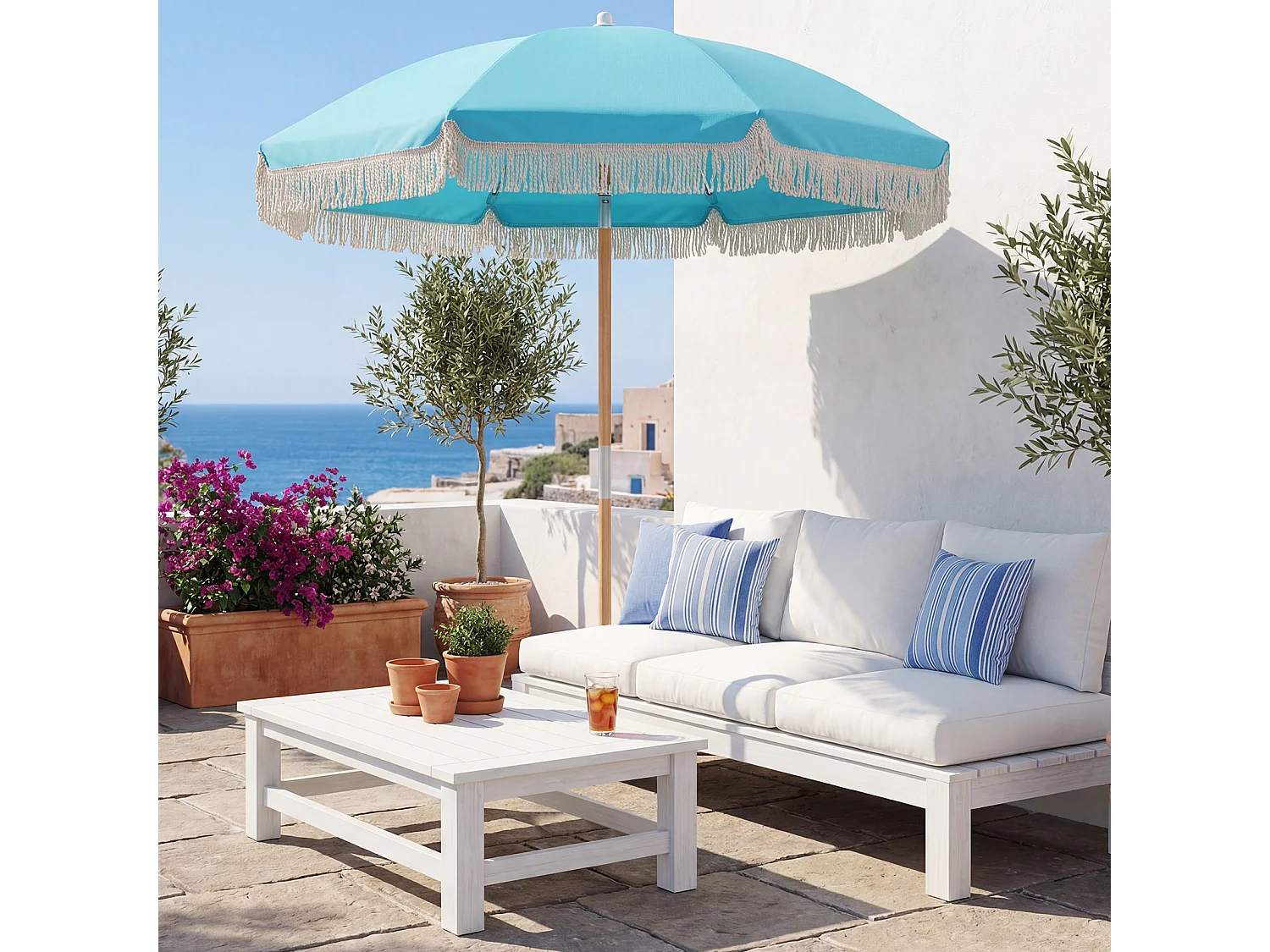Parasol plage 180cm frangé, poteau bois, inclinable, style bohème, bleu