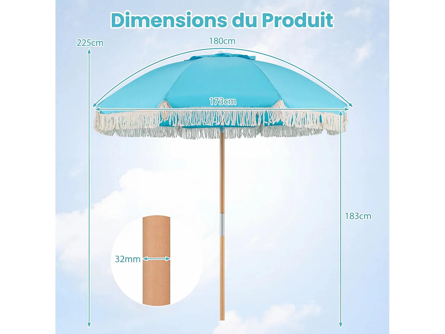 Parasol plage 180cm frangé, poteau bois, inclinable, style bohème, bleu
