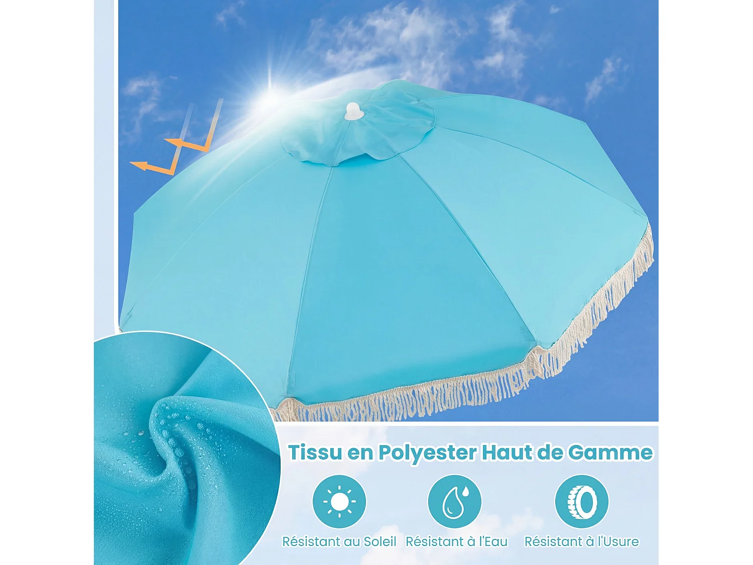 Parasol plage 180cm frangé, poteau bois, inclinable, style bohème, bleu