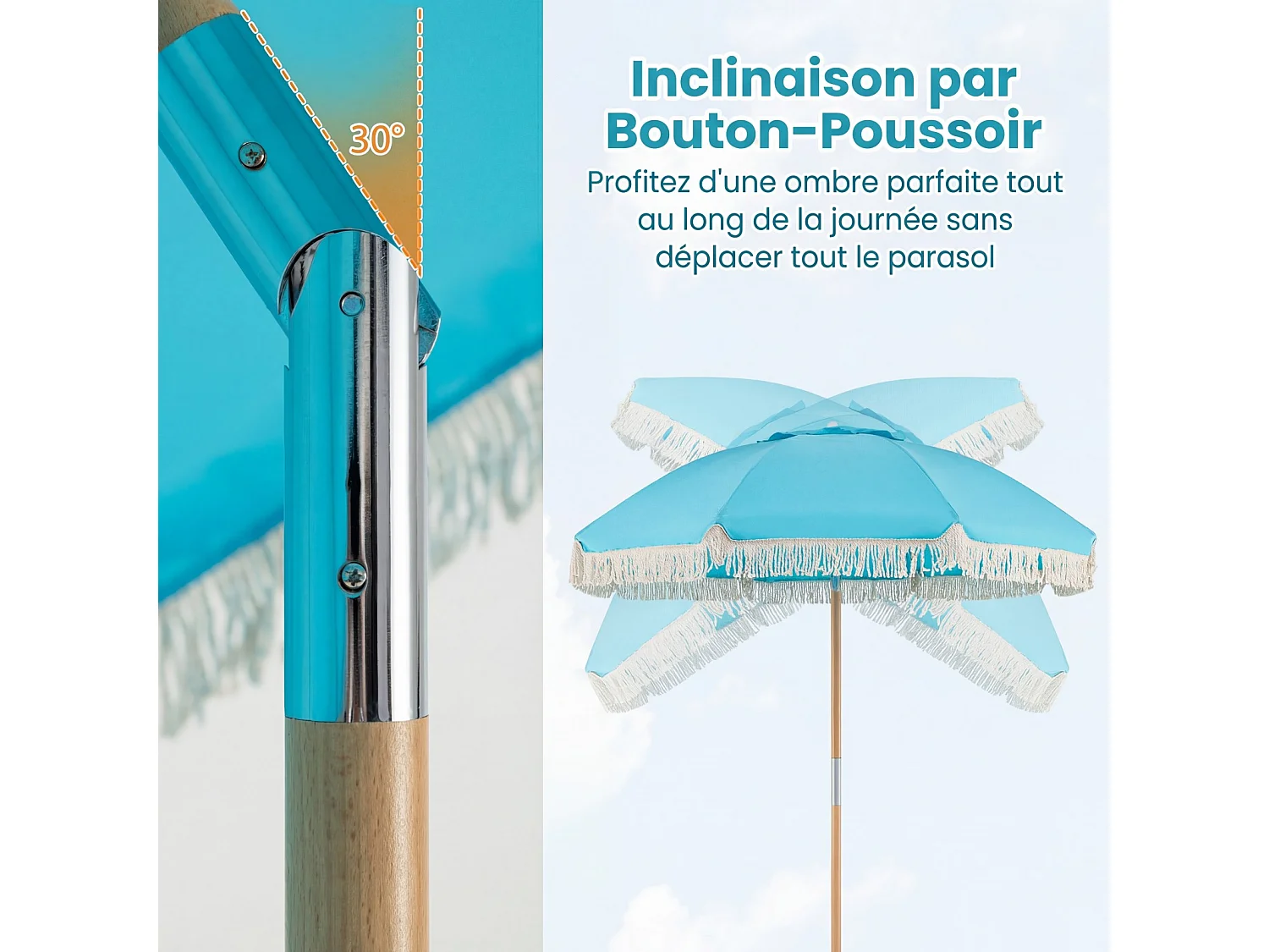 Parasol plage 180cm frangé, poteau bois, inclinable, style bohème, bleu