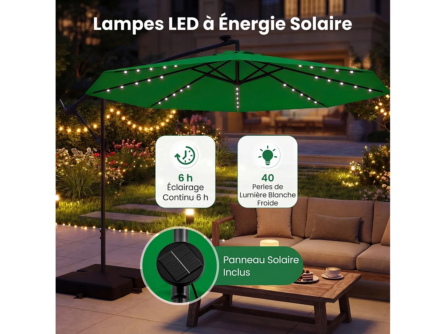 Parasol Déporté 3×3m Octogonal,LED Solaire,2 Sacs de Sable,UV,Vert