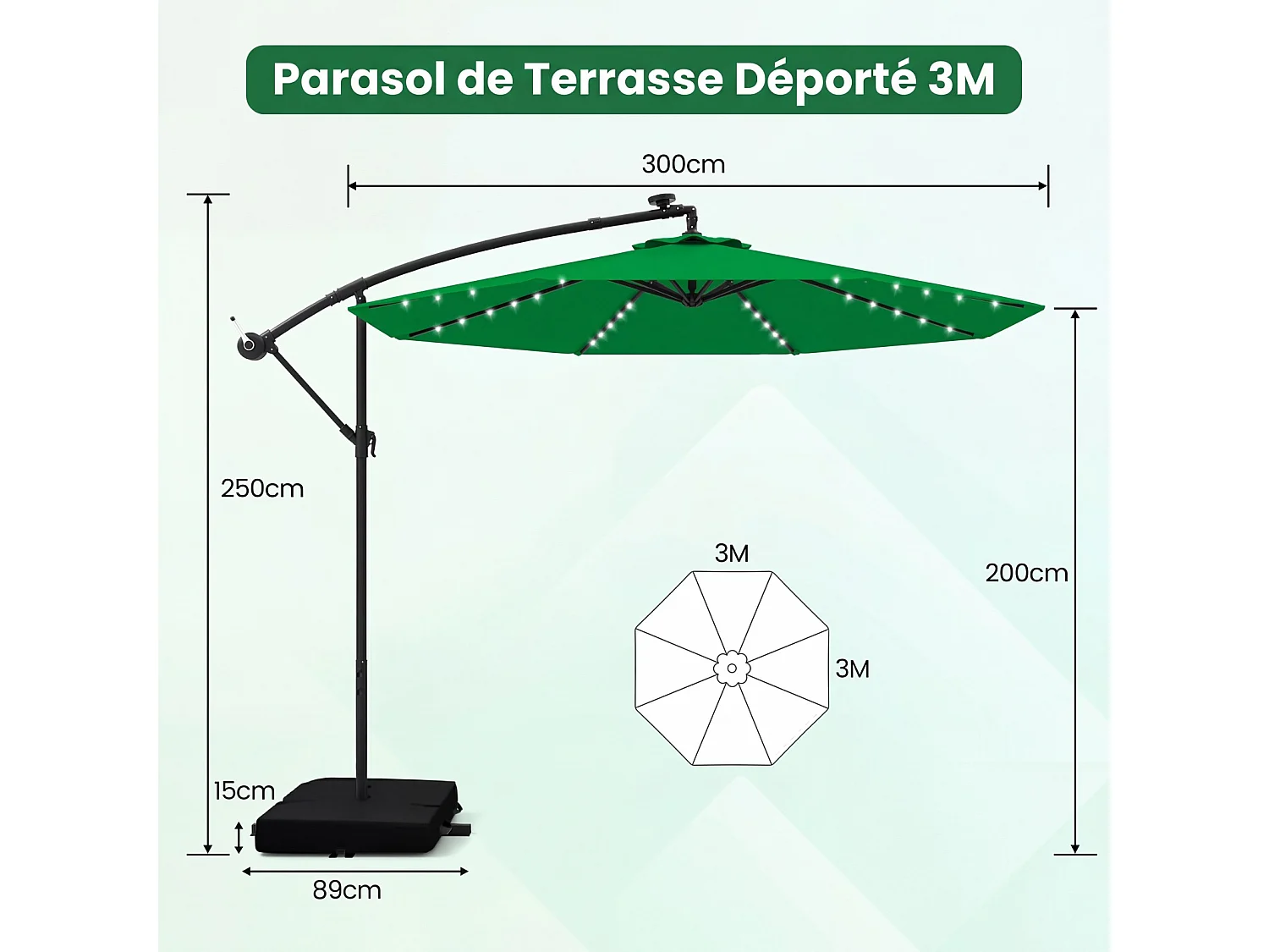Parasol Déporté 3×3m Octogonal,LED Solaire,2 Sacs de Sable,UV,Vert