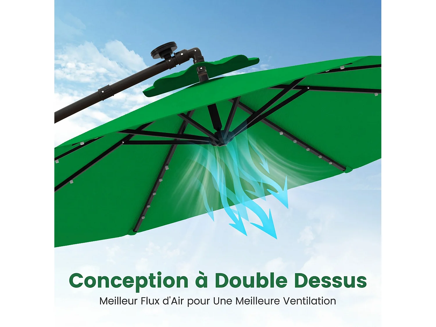 Parasol Déporté 3×3m Octogonal,LED Solaire,2 Sacs de Sable,UV,Vert