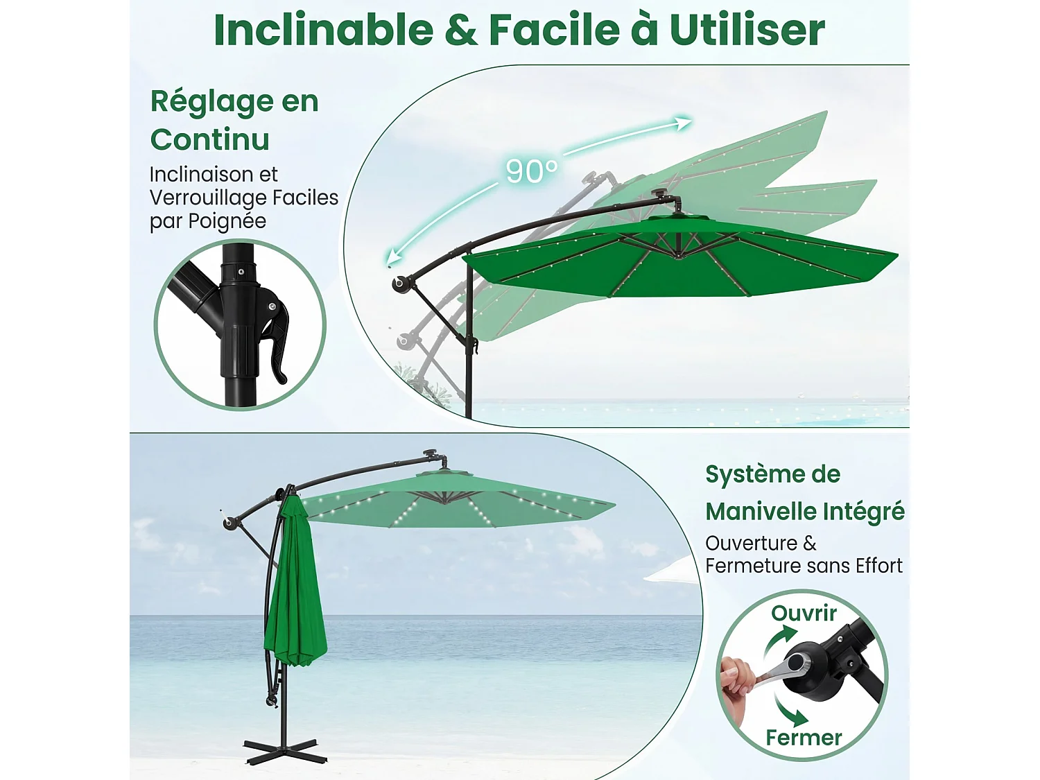 Parasol Déporté 3×3m Octogonal,LED Solaire,2 Sacs de Sable,UV,Vert