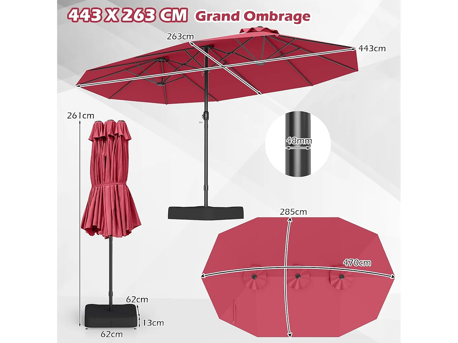 Parasol Double 470×285cm Rectangulaire,12 Baleines,Manivelle,Base,Bordeaux