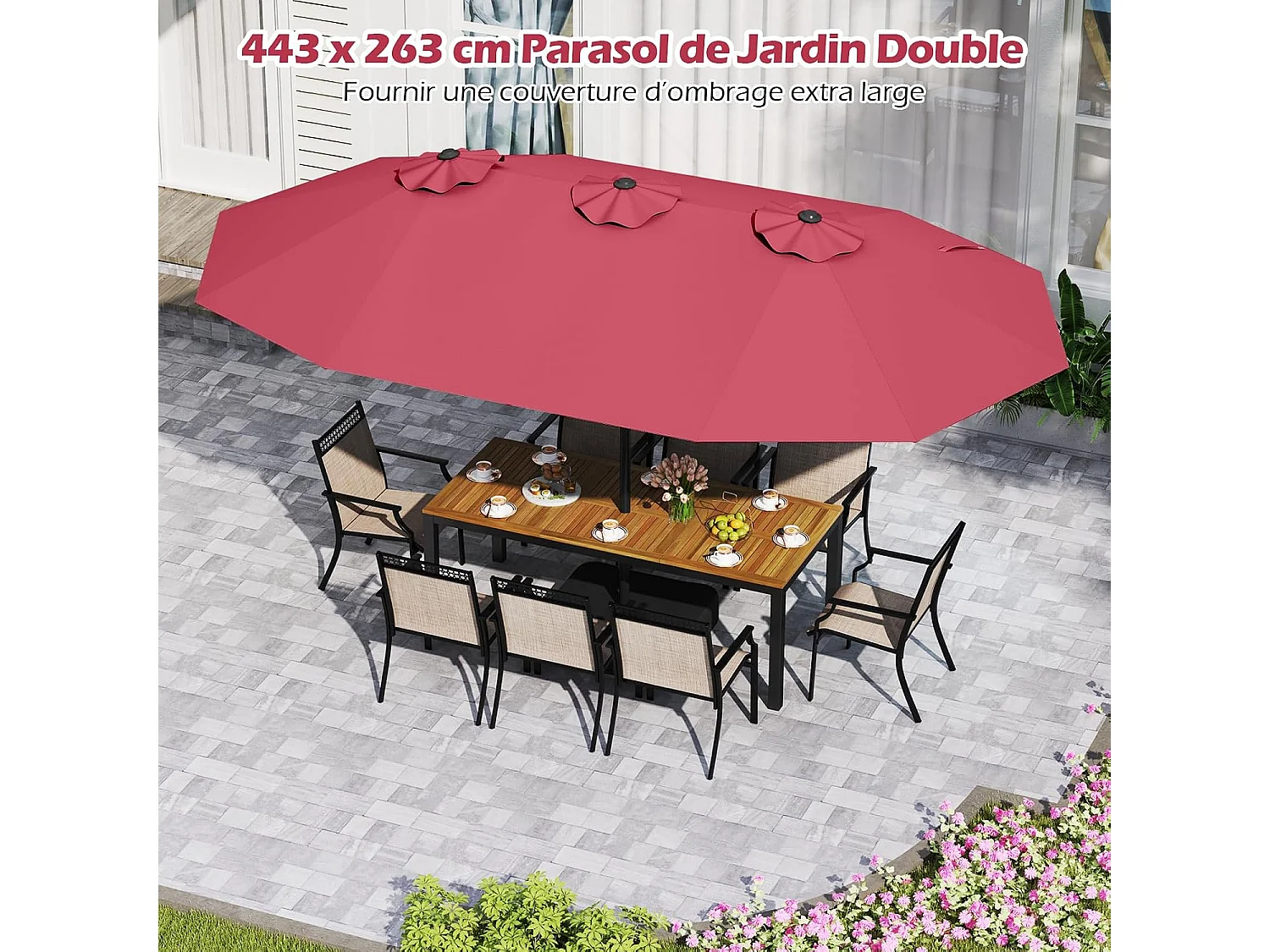 Parasol Double 470×285cm Rectangulaire,12 Baleines,Manivelle,Base,Bordeaux