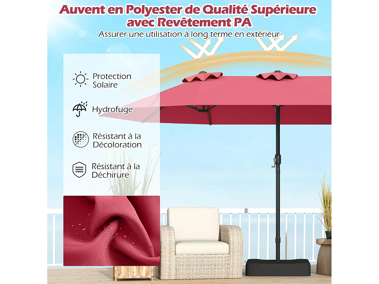 Parasol Double 470×285cm Rectangulaire,12 Baleines,Manivelle,Base,Bordeaux