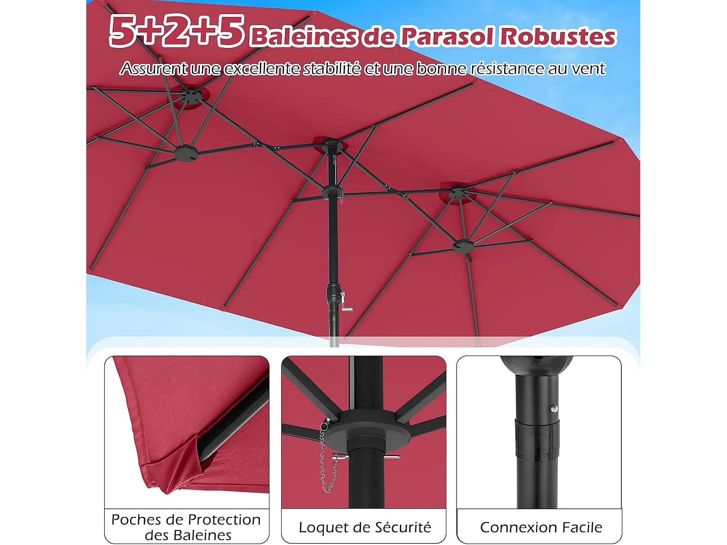 Parasol Double 470×285cm Rectangulaire,12 Baleines,Manivelle,Base,Bordeaux