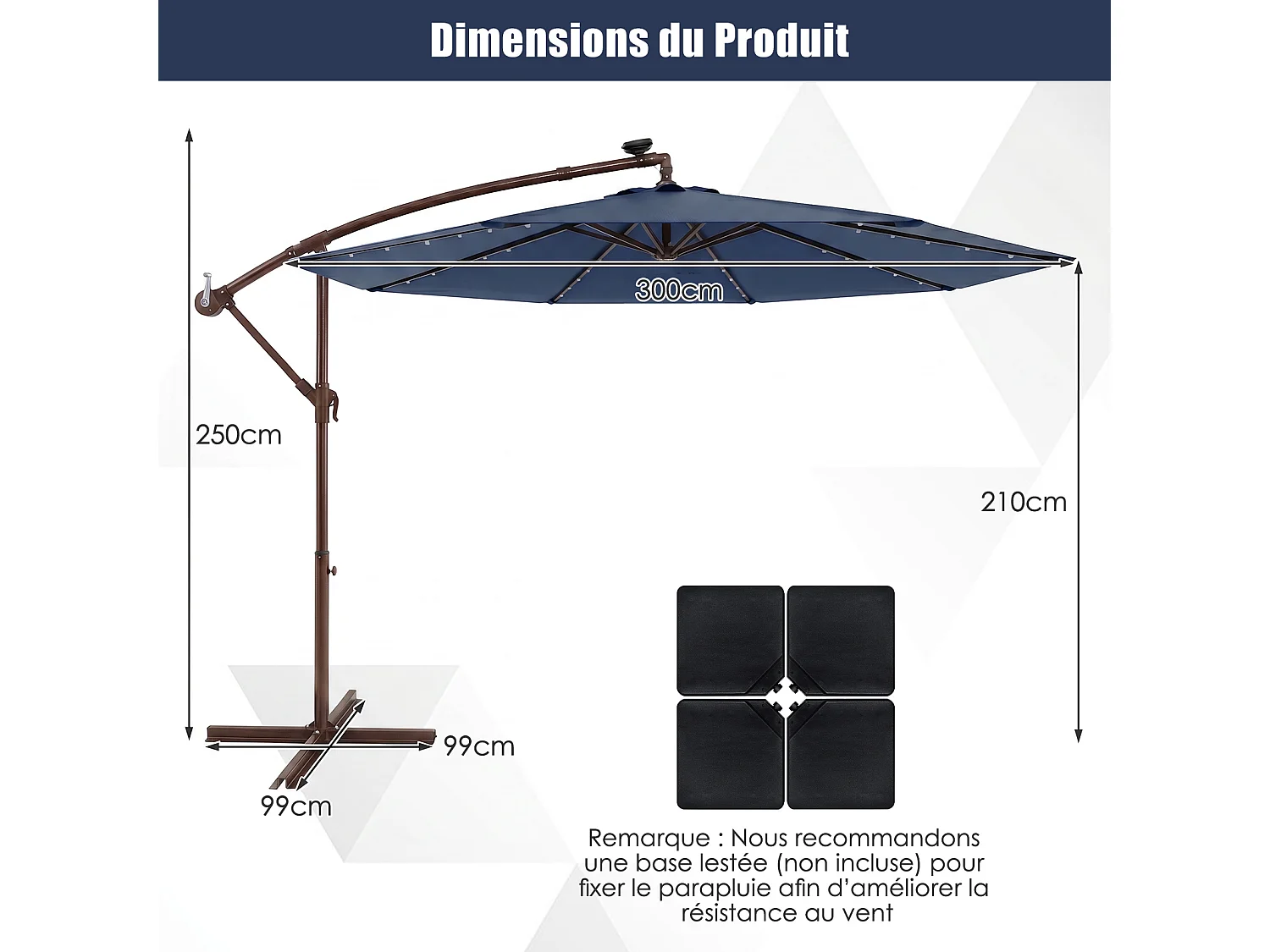 Parasol Déporté hexagonal 3m, 40 LED solaire, 8 baleines métal, base croisée, bleu