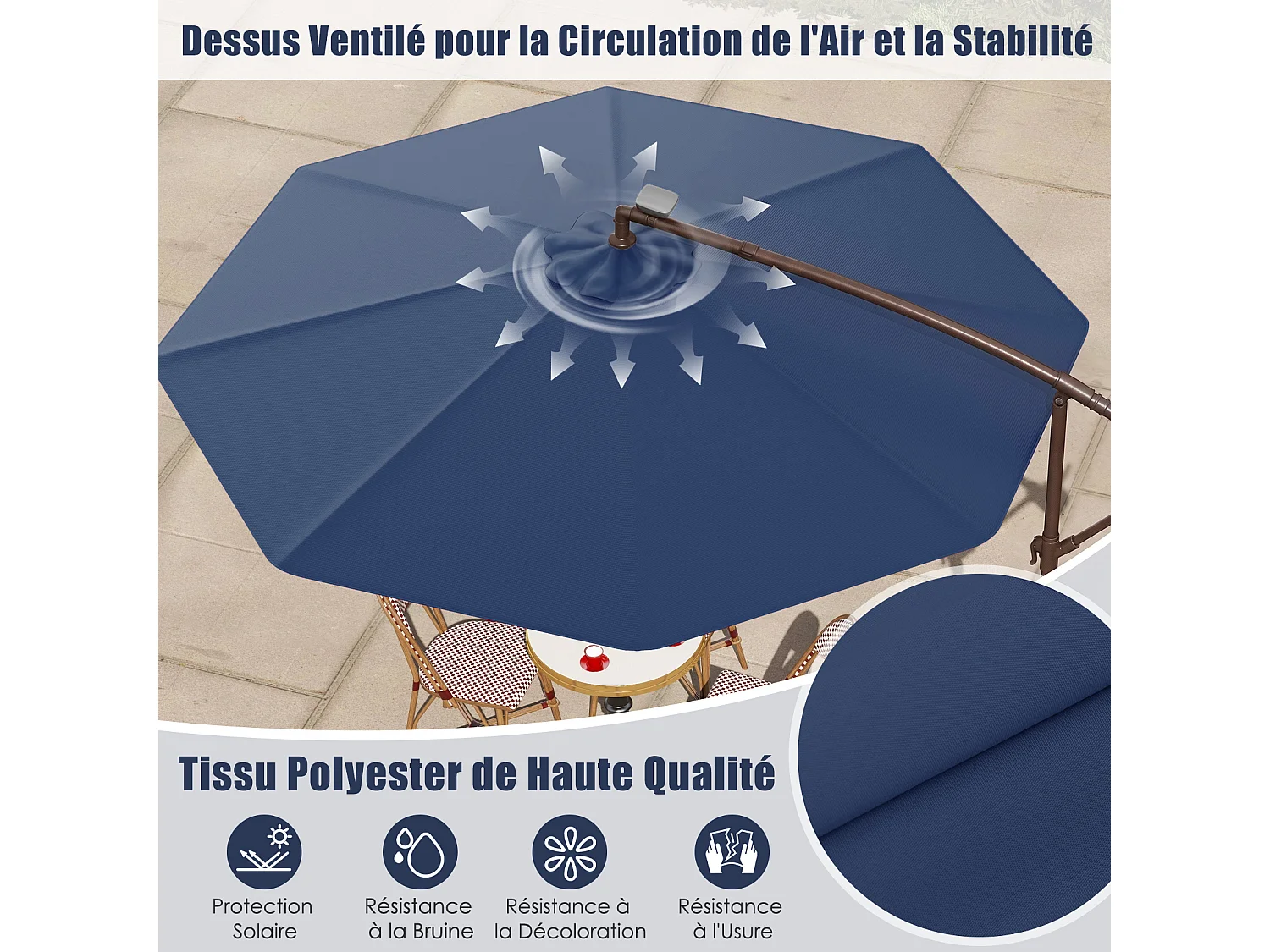 Parasol Déporté hexagonal 3m, 40 LED solaire, 8 baleines métal, base croisée, bleu