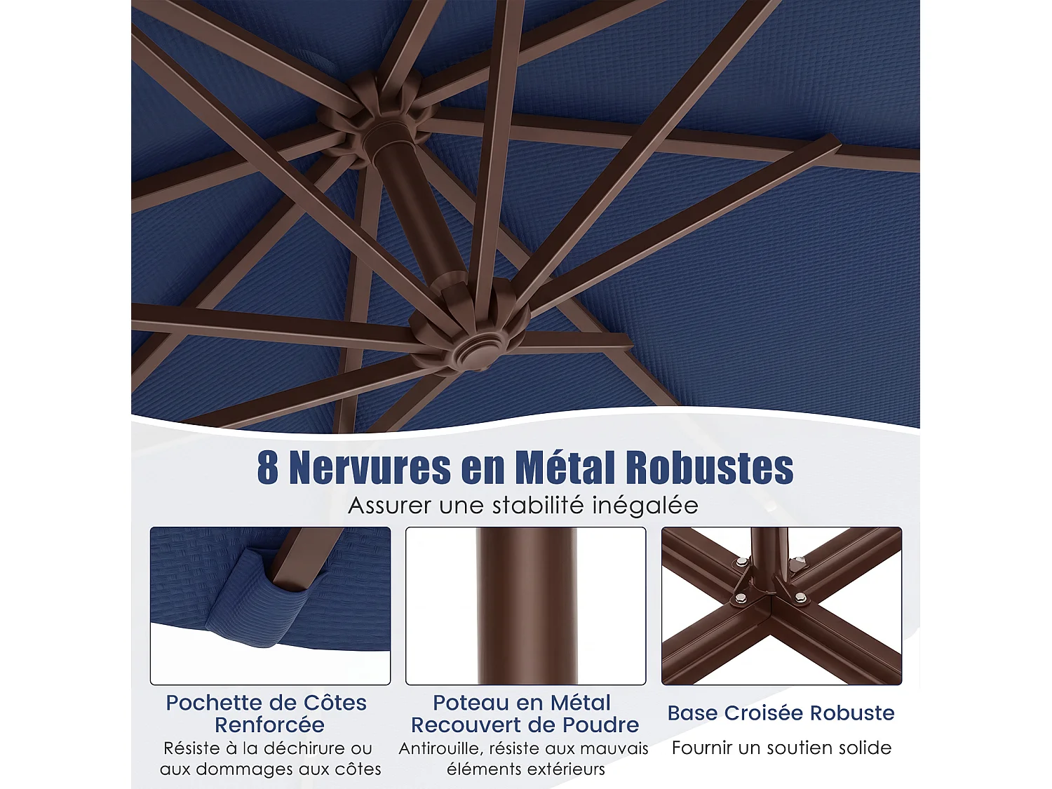 Parasol Déporté hexagonal 3m, 40 LED solaire, 8 baleines métal, base croisée, bleu