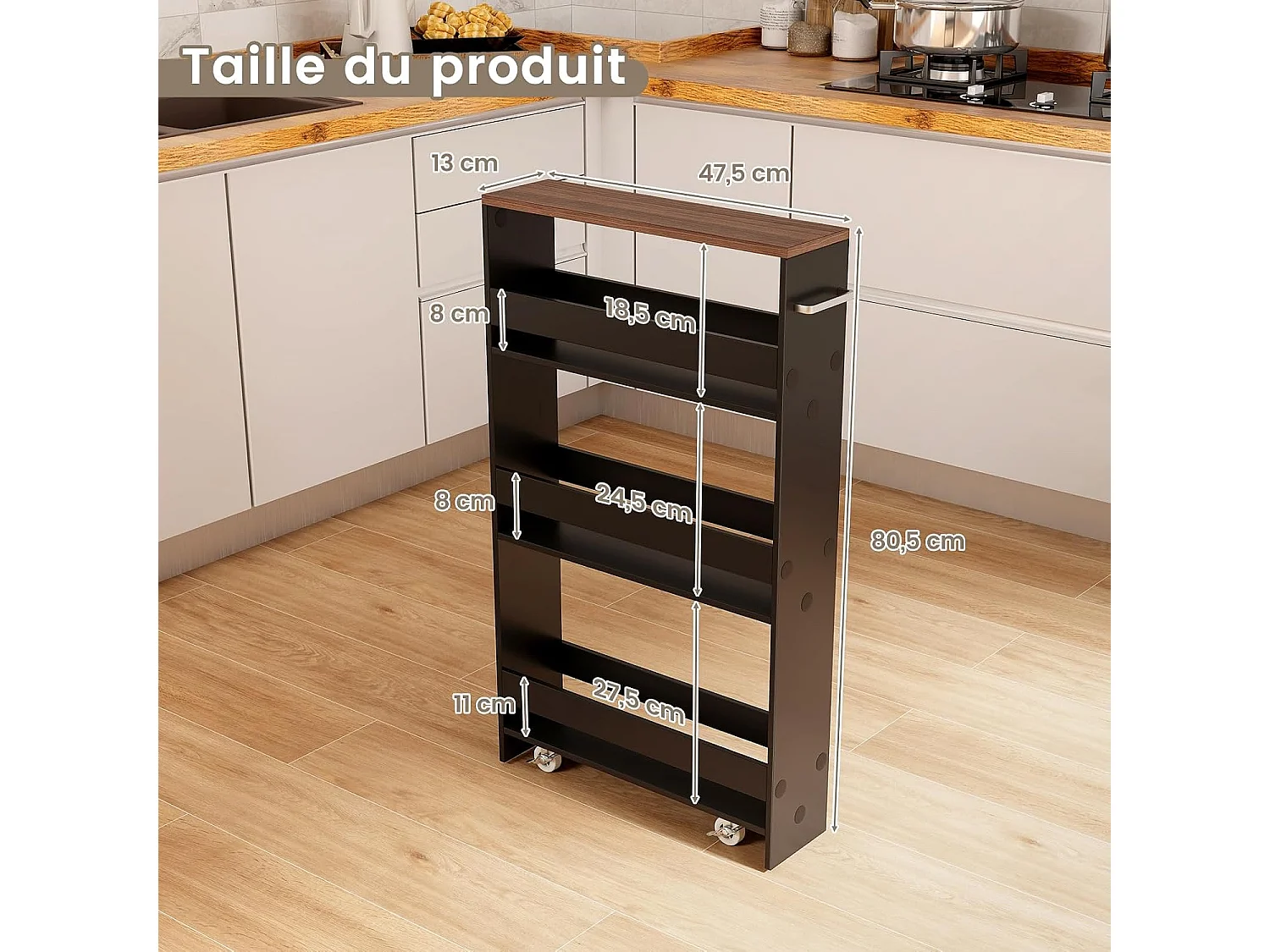 Chariot rangement 13cm 4 niveaux poignée latérale roues freinées, Noir Brun
