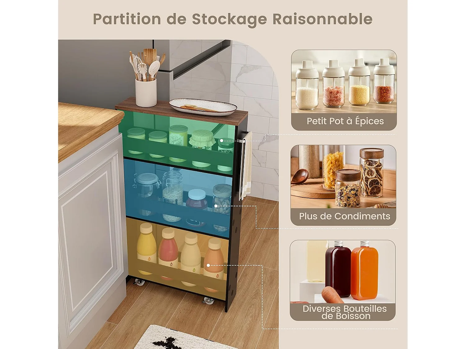 Chariot rangement 13cm 4 niveaux poignée latérale roues freinées, Noir Brun