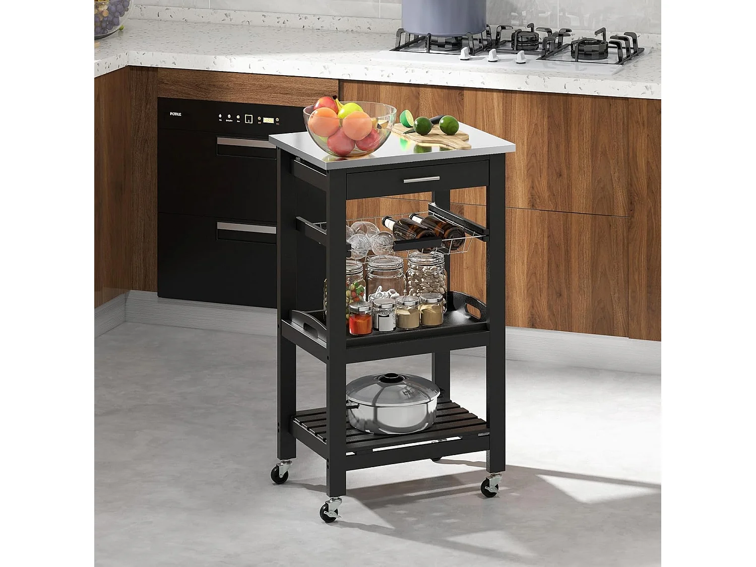 Desserte cuisine roulettes, comptoir inox, tiroir panier métal Noir