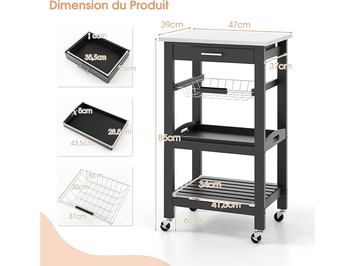 Desserte cuisine roulettes, comptoir inox, tiroir panier métal Noir