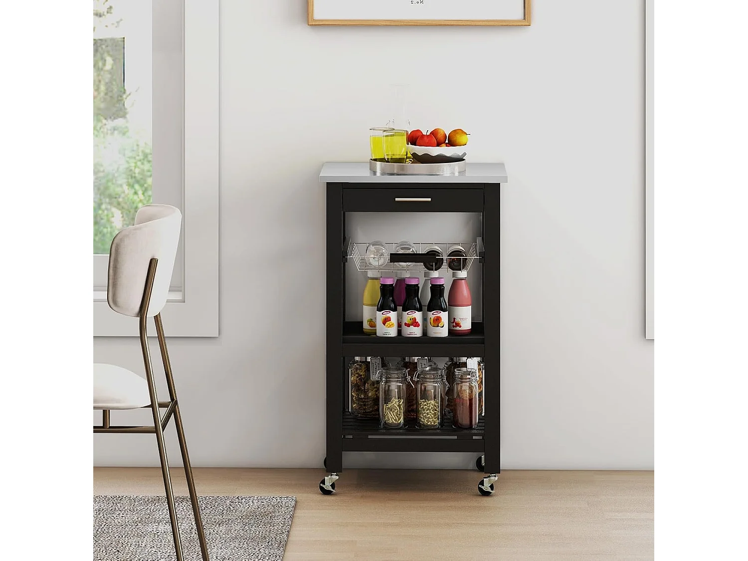 Desserte cuisine roulettes, comptoir inox, tiroir panier métal Noir